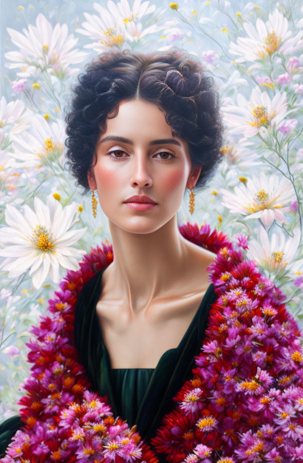 Portrait of Woman with Dark Curly Hair Surrounded by White and Purple Flowers