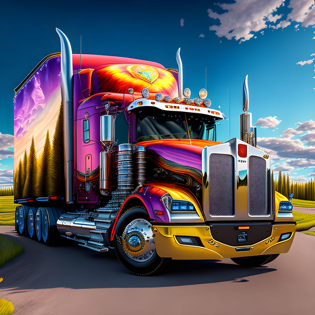 Colorful Psychedelic Design on Semi-Truck Trailer with Golden Cab