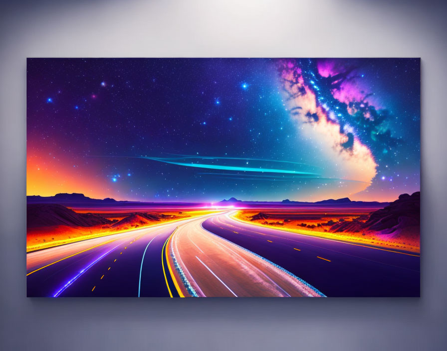 Vibrant Surreal Landscape with Starry Highway and Galaxy