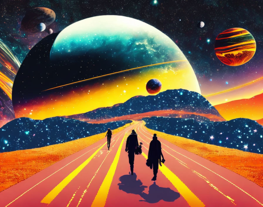 Silhouetted Figures on a Colorful Cosmic Road