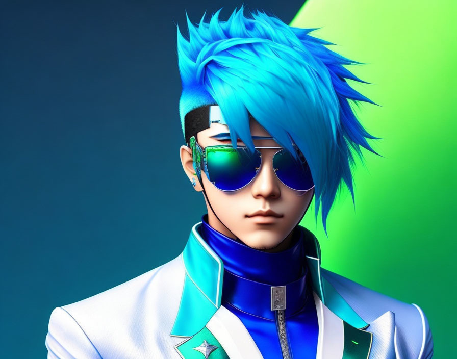 Stylish Person with Blue Hair & Sunglasses on Blue-Green Gradient Background