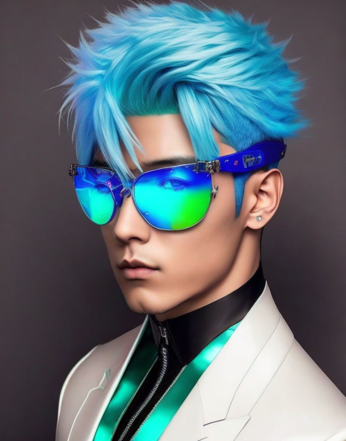 Bright Blue Haired Character in Reflective Sunglasses and Stylish White Jacket