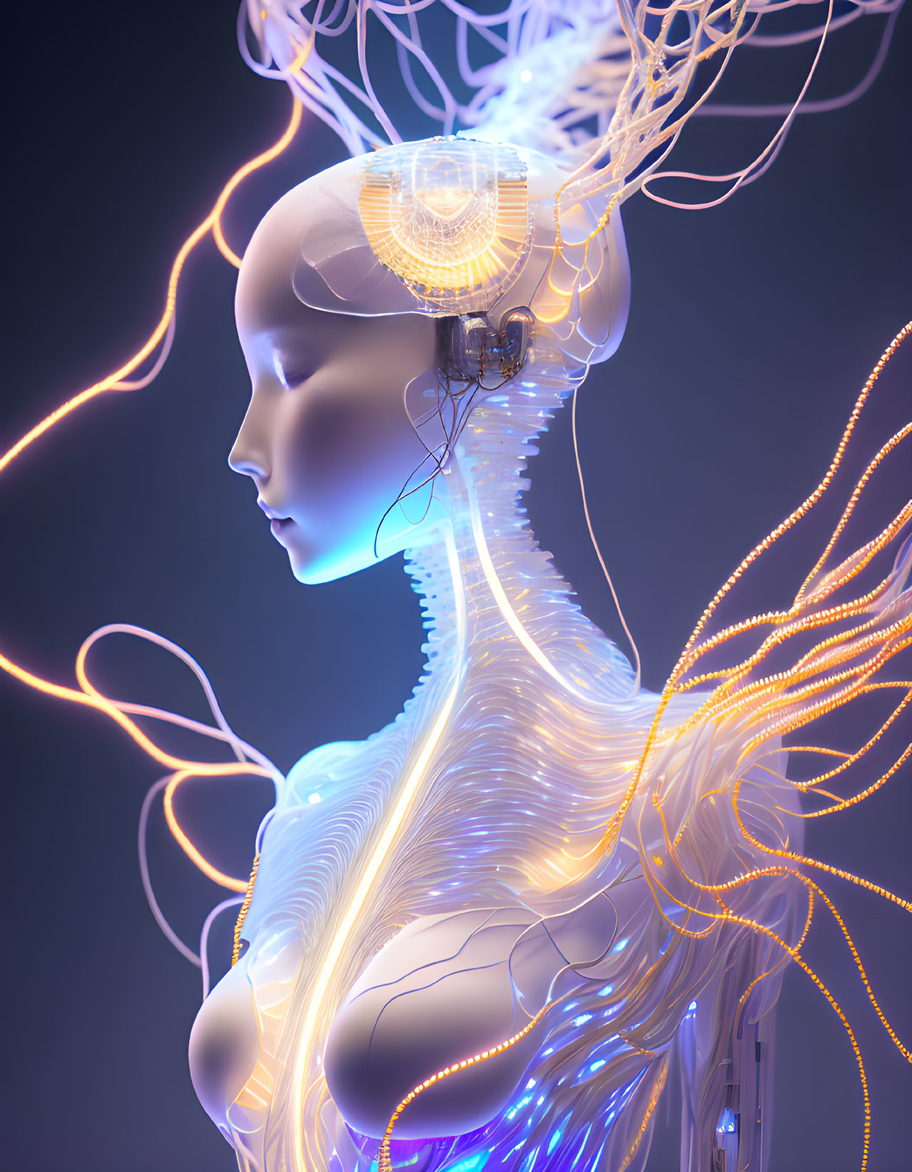 Futuristic humanoid with transparent skin and glowing neural pathways.