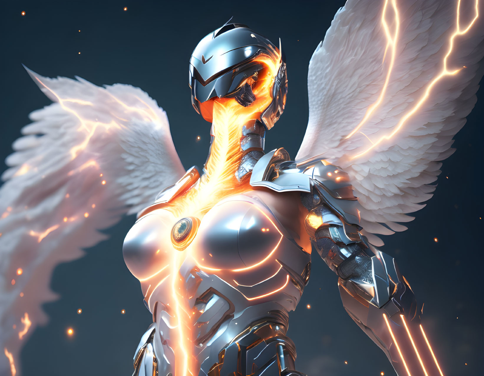 Futuristic angelic robot with glowing orange energy core and illuminated wings