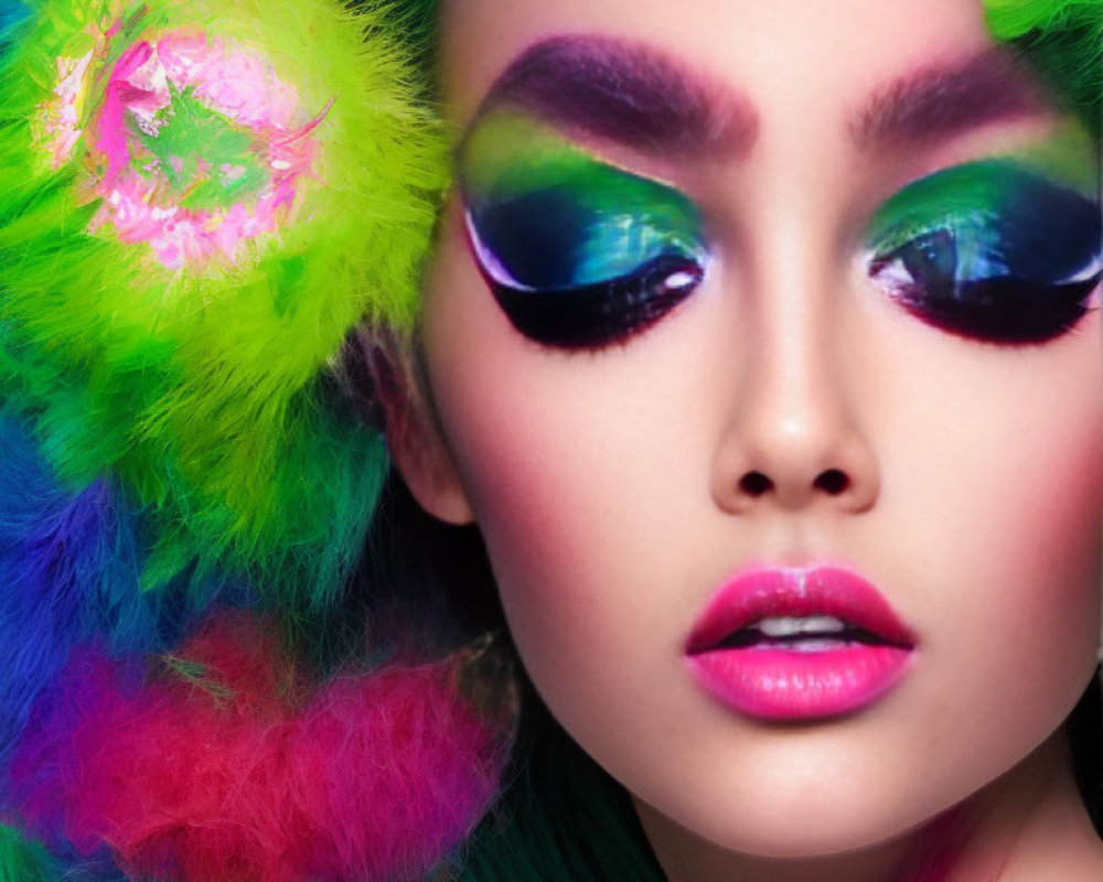 Vibrant makeup woman with colorful eyeshadow and feathers