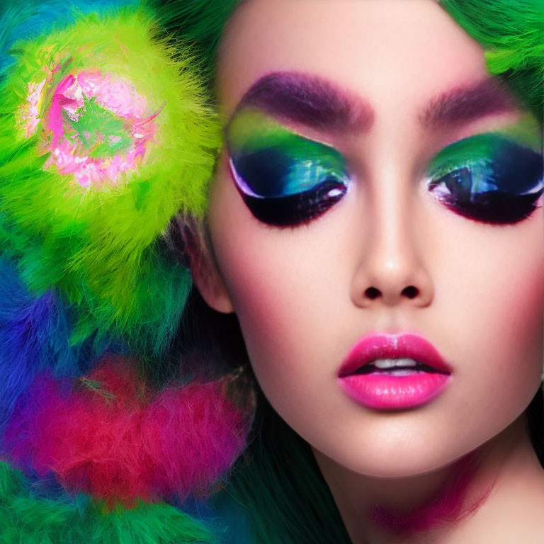 Vibrant makeup woman with colorful eyeshadow and feathers