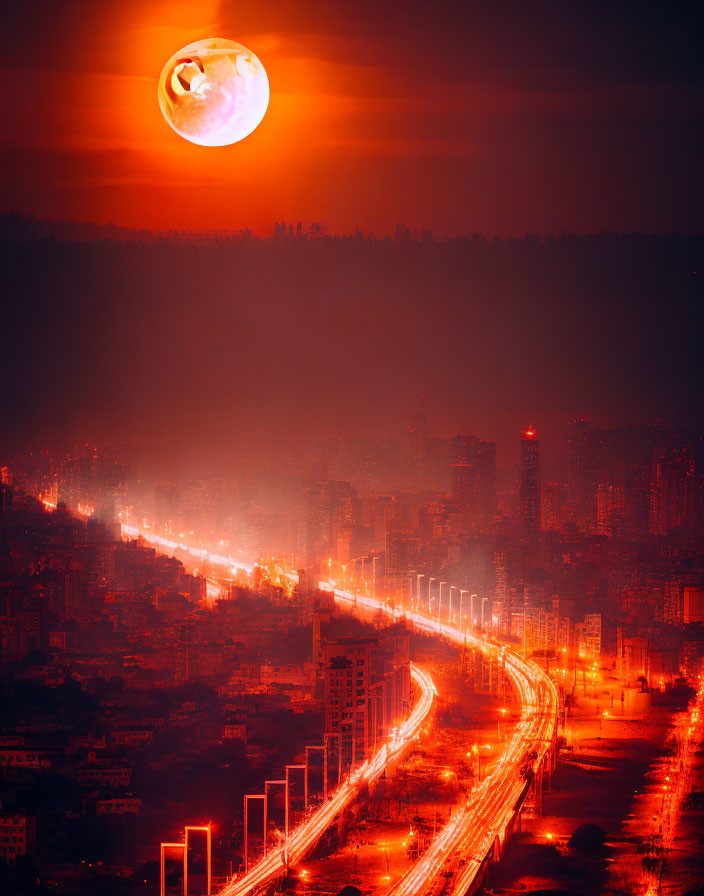 Nocturnal cityscape with red moon over illuminated streets