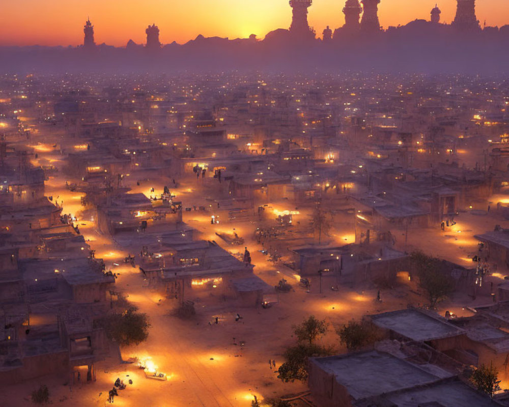 Traditional marketplace at twilight with illuminated streets and silhouetted minarets against mountainous backdrop