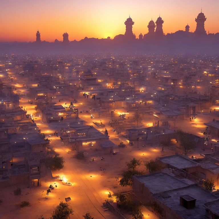 Traditional marketplace at twilight with illuminated streets and silhouetted minarets against mountainous backdrop