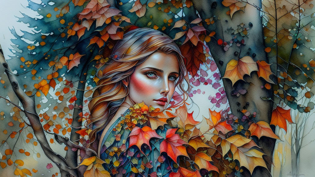 Woman blended with autumn foliage in surreal forest setting