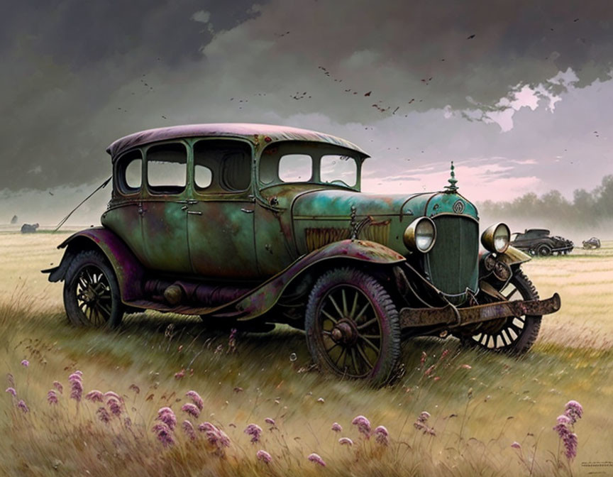 Vintage rusted car in grassy field with purple flowers and old cars under moody sky