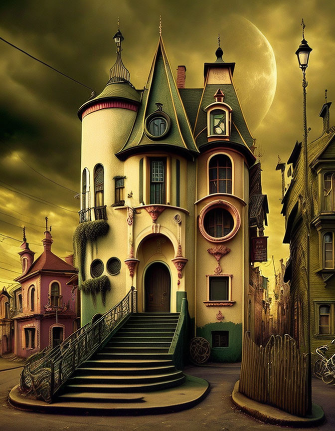 Victorian-style house illustration under large moon in surreal sky