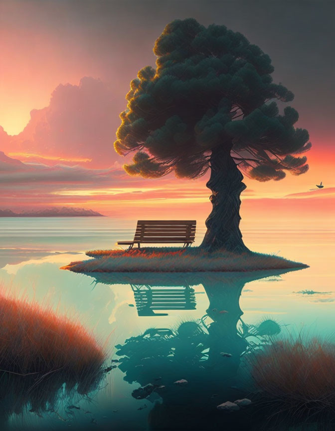 Tranquil sunset landscape with lone tree and bench on island