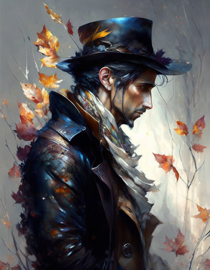 Realistic painting of pensive man in black hat and coat among autumn leaves