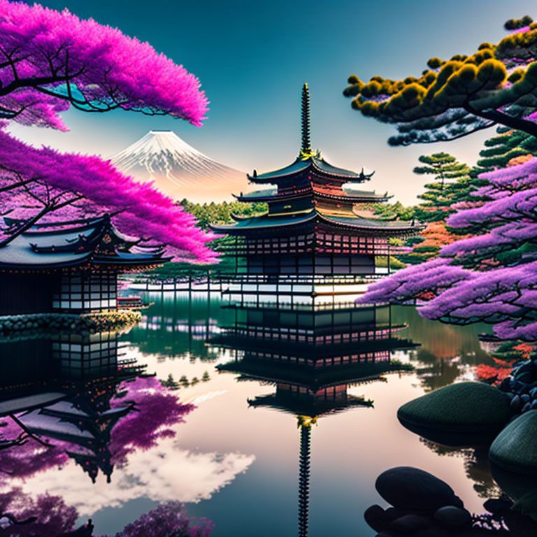 Pagoda, Pink Trees, Mount Fuji: Tranquil Water Reflection