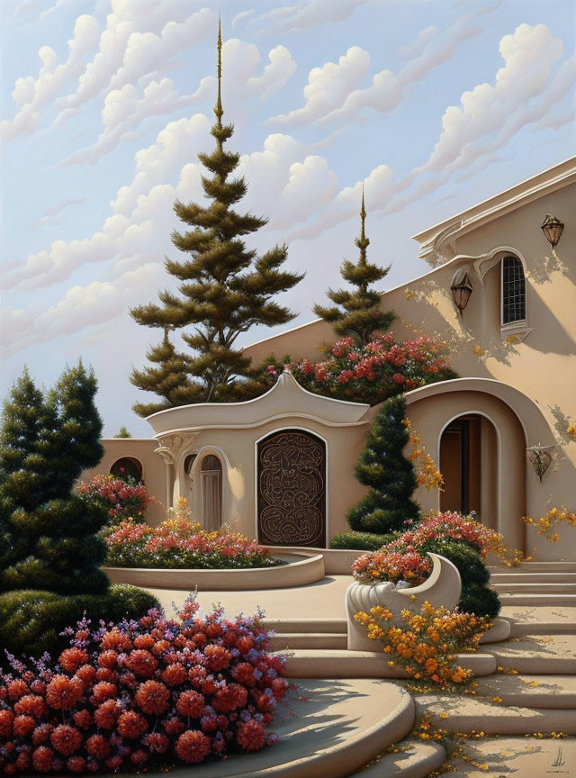 Tranquil house painting with decorative door, pine trees, shrubs, and fluffy clouds.