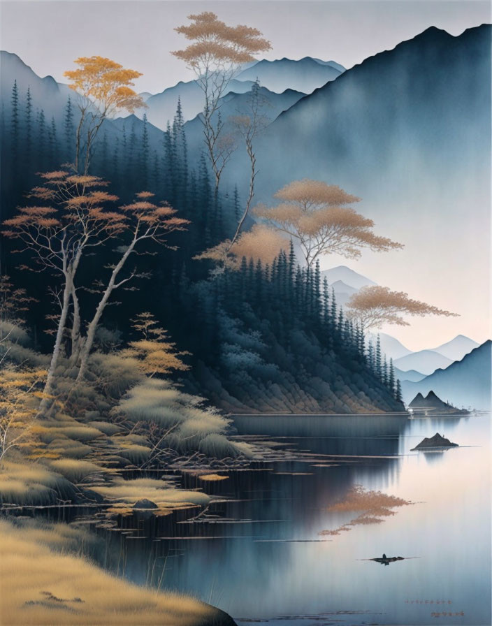 Tranquil landscape painting: mountains, autumn trees, calm lake, pagoda, boat