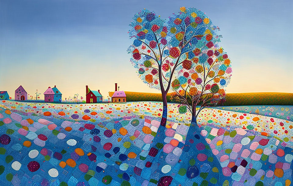 Colorful painting of vibrant tree over patchwork field and quaint houses under sky