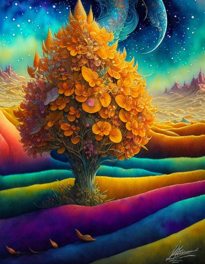 Colorful artwork: Orange floral tree under starry sky with rolling hills