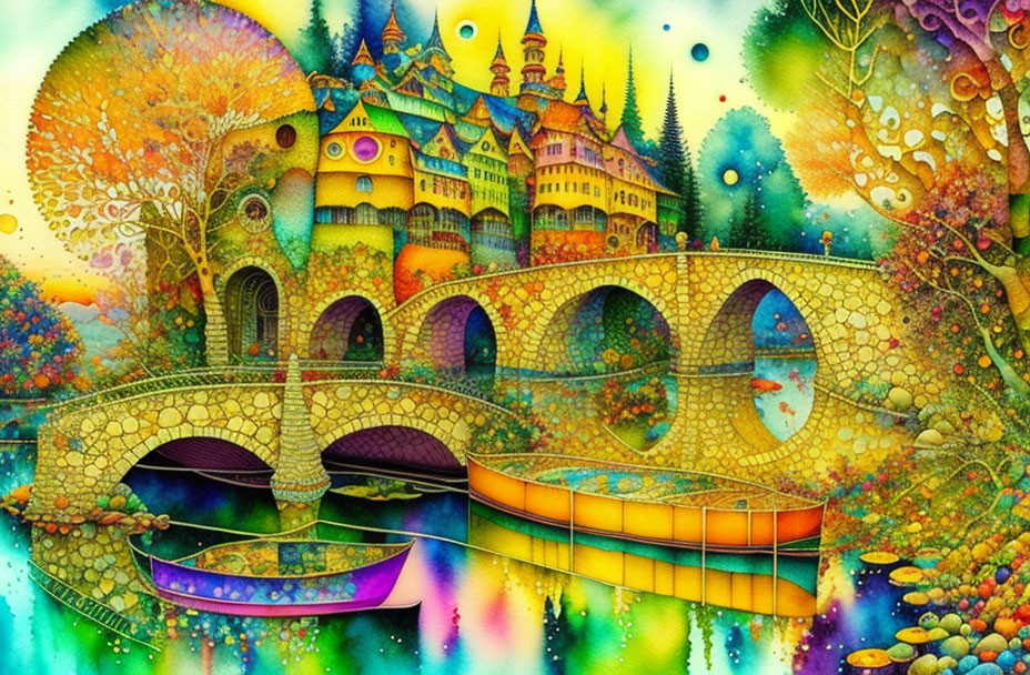 Fantasy landscape illustration with castle, bridges, boats, and magical flora