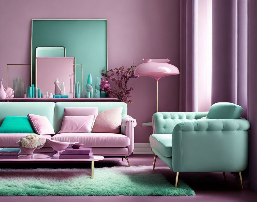 Pastel Pink and Teal Furniture Set with Matching Decor Items