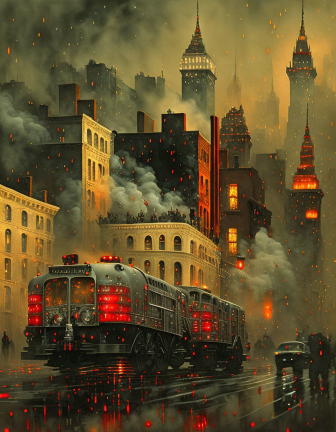 Vintage train in rainy, neon-lit cityscape at night with illuminated buildings and smoky atmosphere