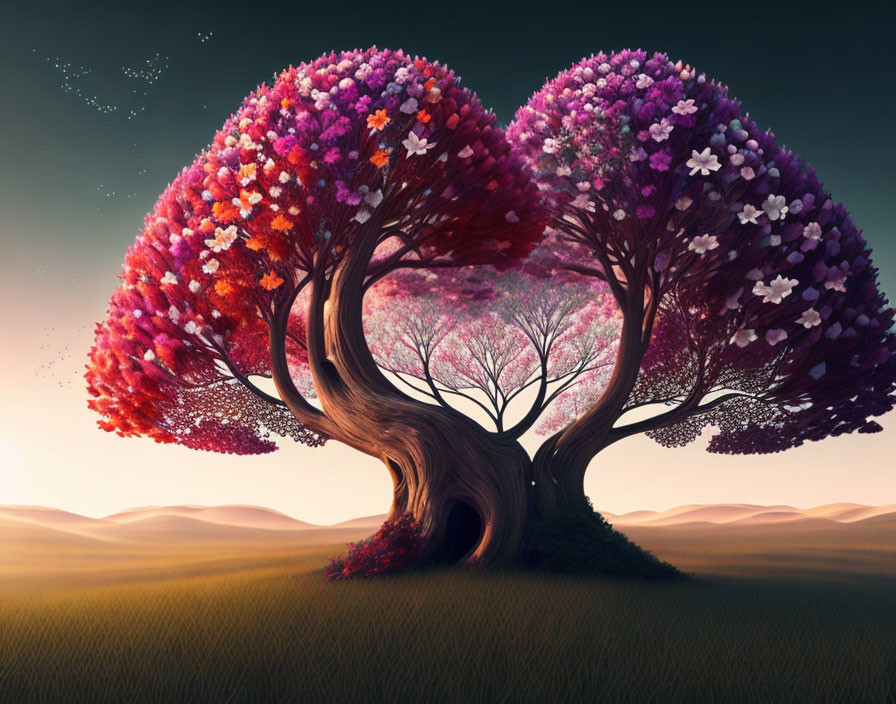 Colorful blossoming trees in a surreal landscape with birds and hills.