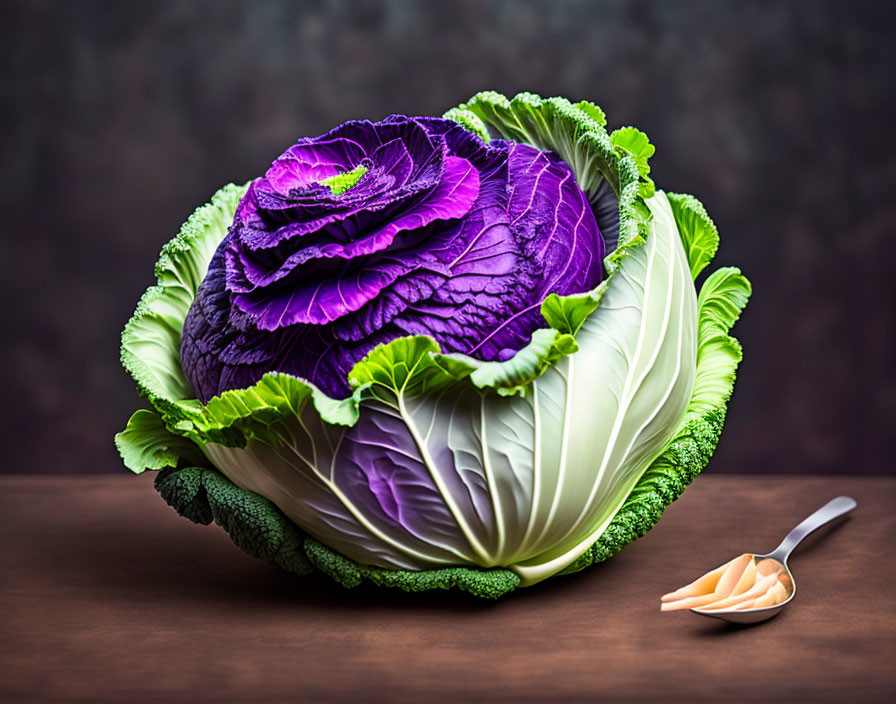 Colorful ornamental cabbage on wooden surface with spoon and dressing