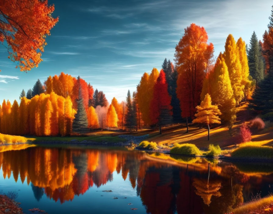 Vibrant autumn trees reflected in calm lake