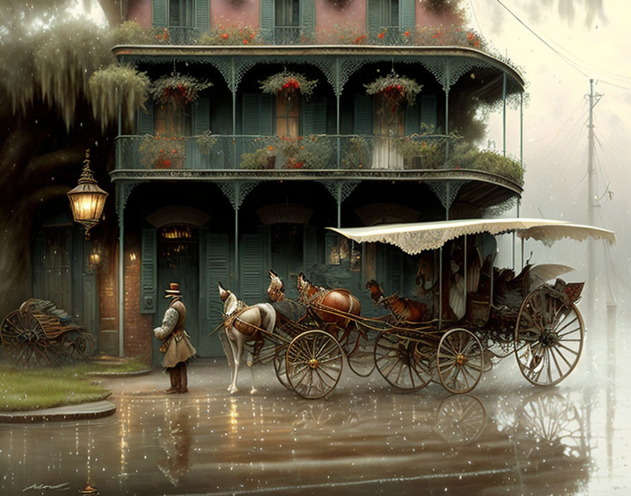 Victorian-era street scene with horse-drawn carriage, man by lamp post, and balconies with