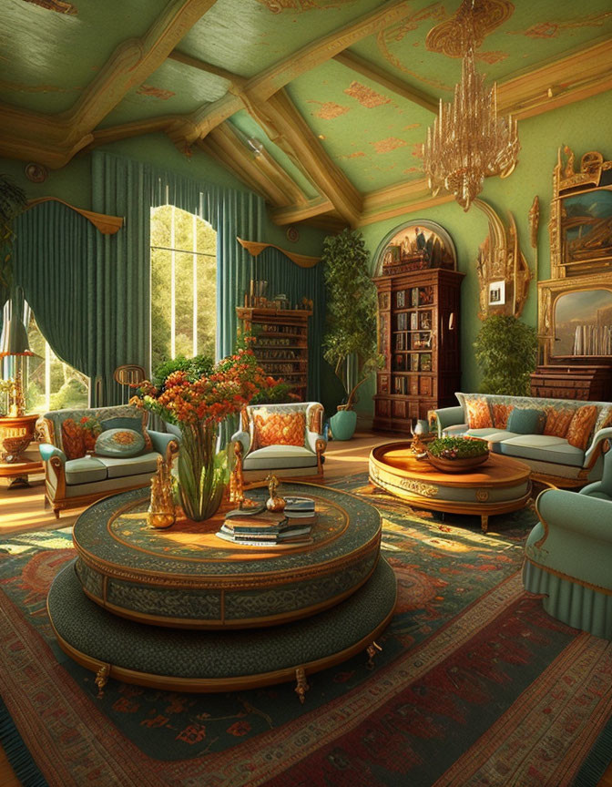 Luxurious Vintage Room with Green Walls, Plush Seating, Chandelier, and More