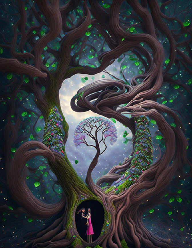 Person in pink dress in fantastical tree hollow under glowing moon.