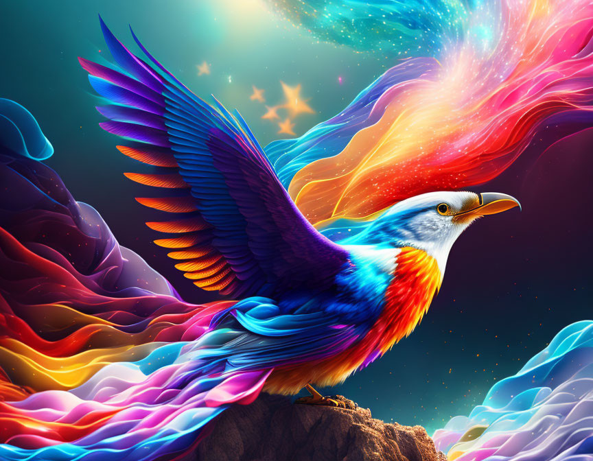 Colorful Bird Flying Among Swirling Patterns and Stars