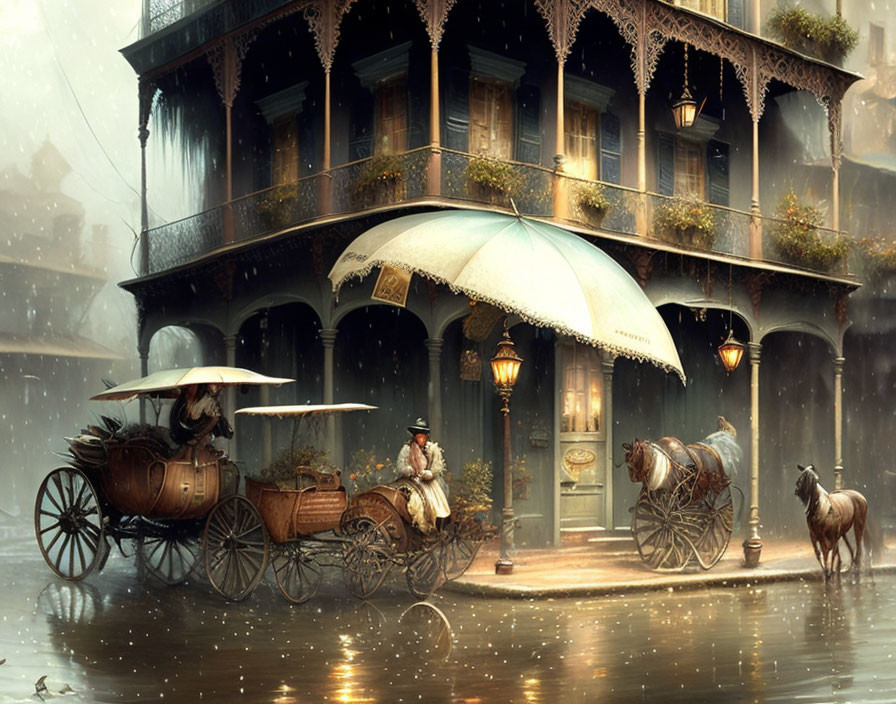 Vintage street scene with horse-drawn carriages and man under umbrella by ornate building