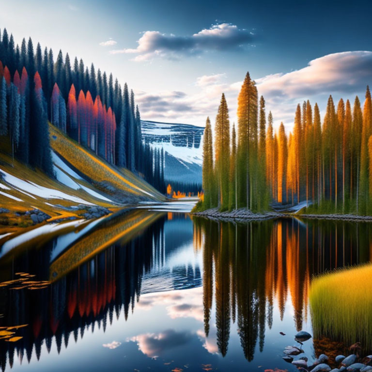 Scenic Mountain Lake with Colorful Tree Reflections