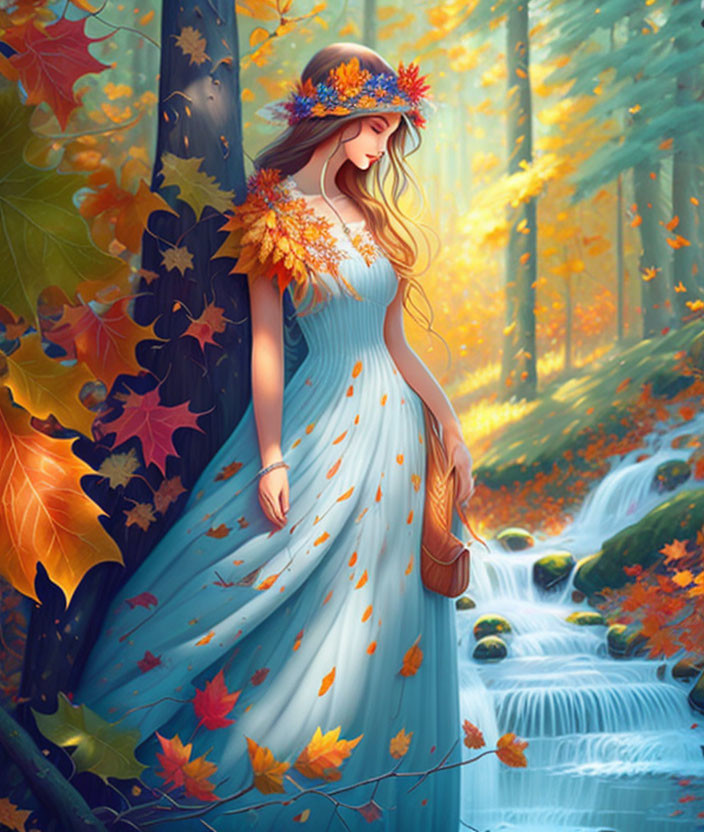 Woman in flowing blue gown by autumn waterfall