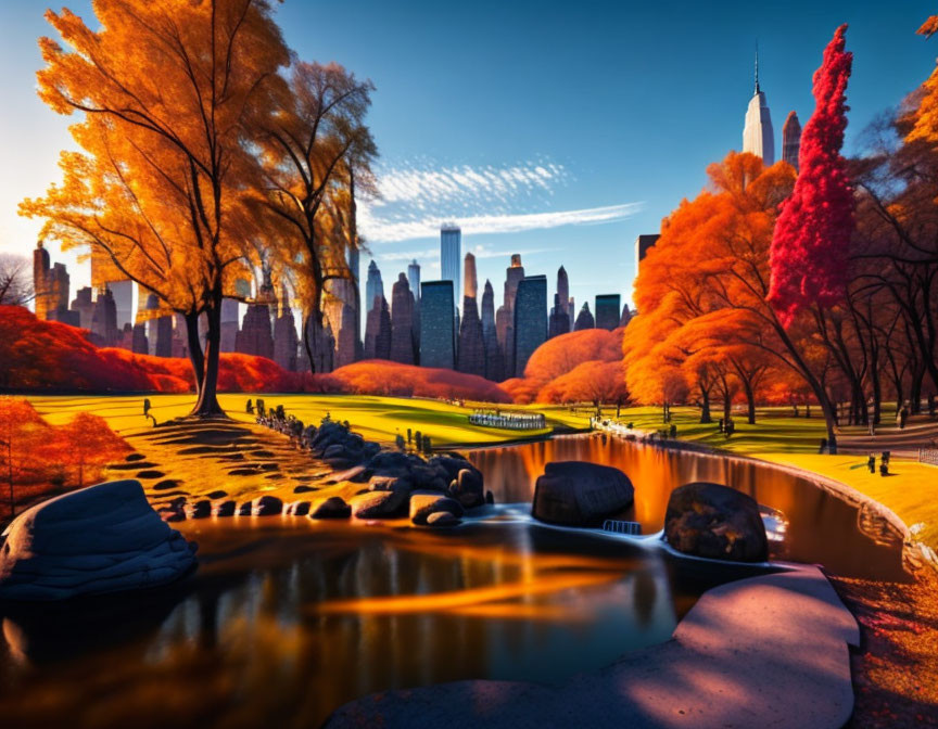 Colorful autumn park with pond and city skyline on a clear day