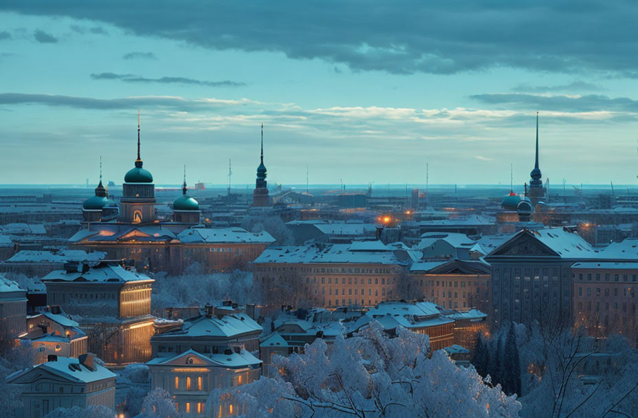 Snow-covered trees and historical buildings in twilight cityscape with domes and spires.