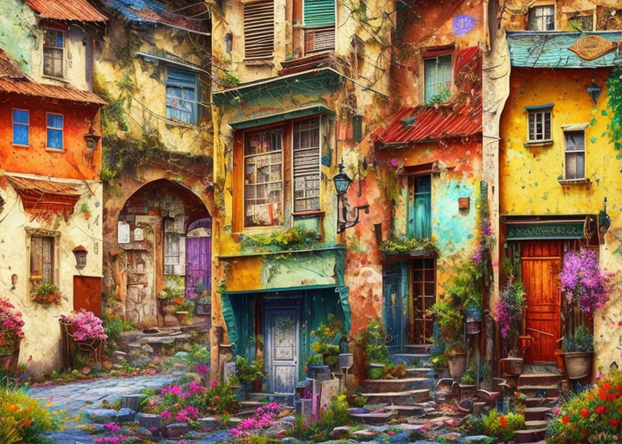 Colorful Street Scene with Aged Buildings and Greenery