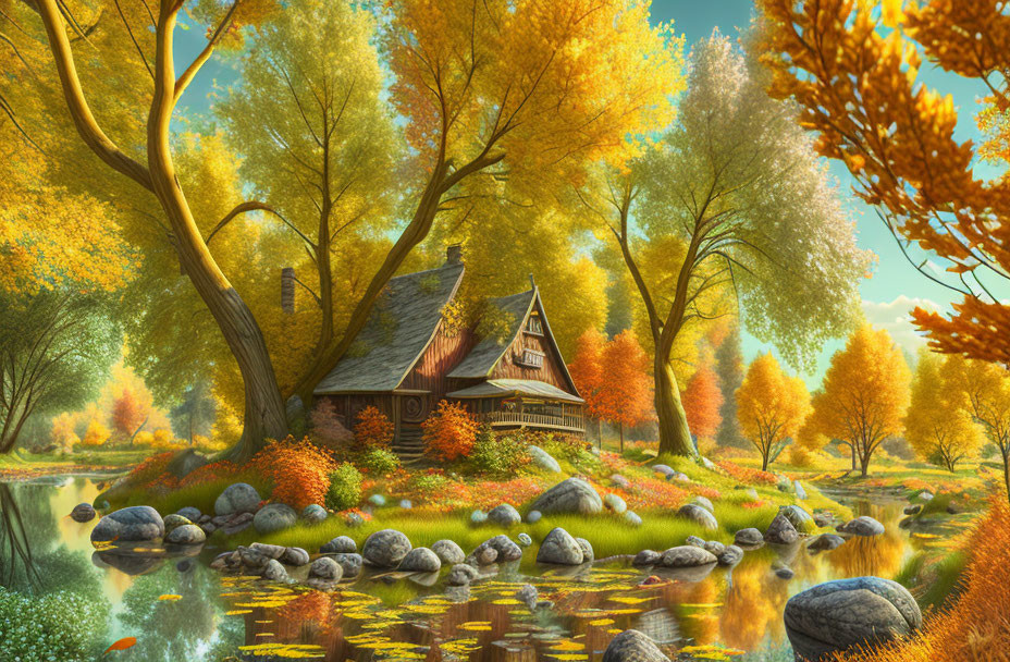 Vibrant autumn scene: cottage, colorful trees, serene pond