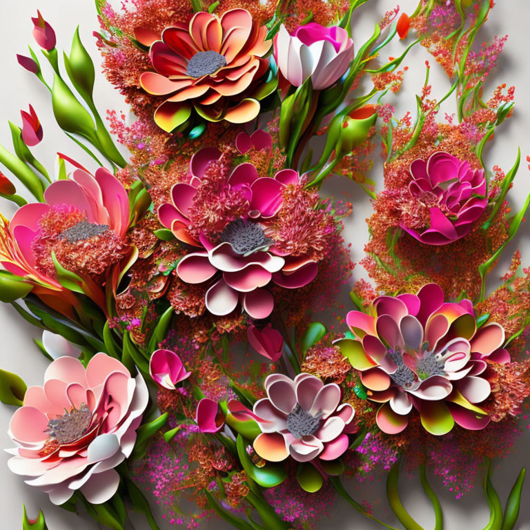 Colorful Paper-Crafted Flower Bouquet with Intricate Patterns