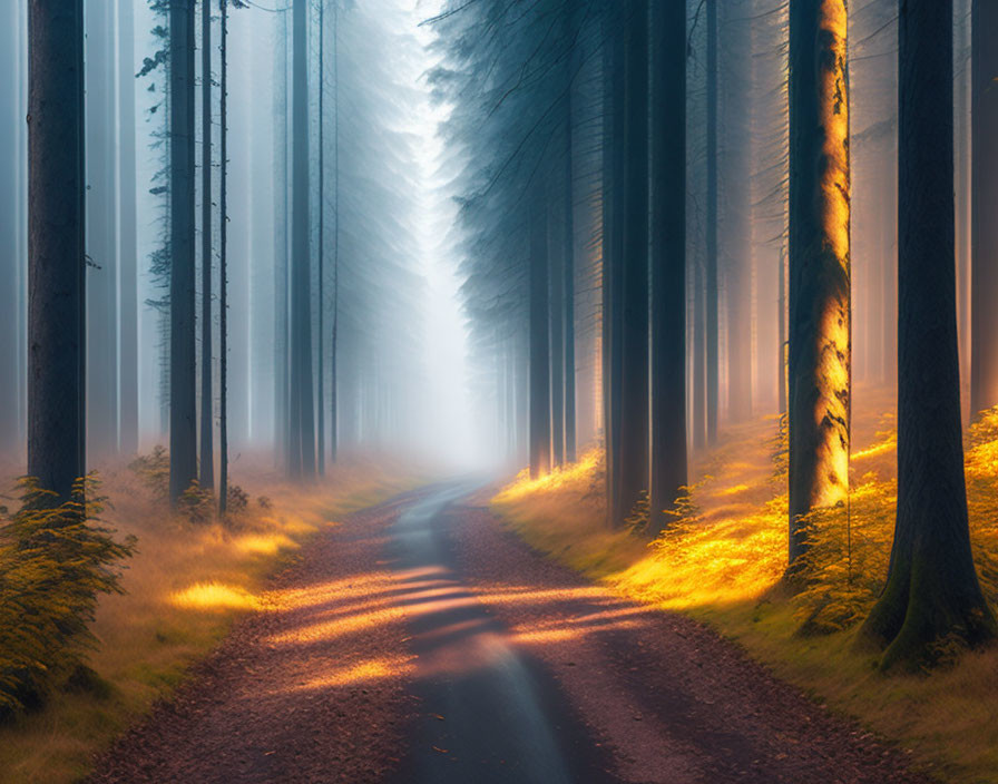 Misty forest path with tall trees and sunlight casting shadows