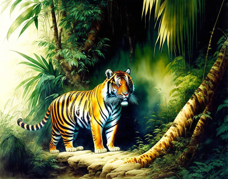 Majestic tiger in lush jungle with green foliage and bamboo