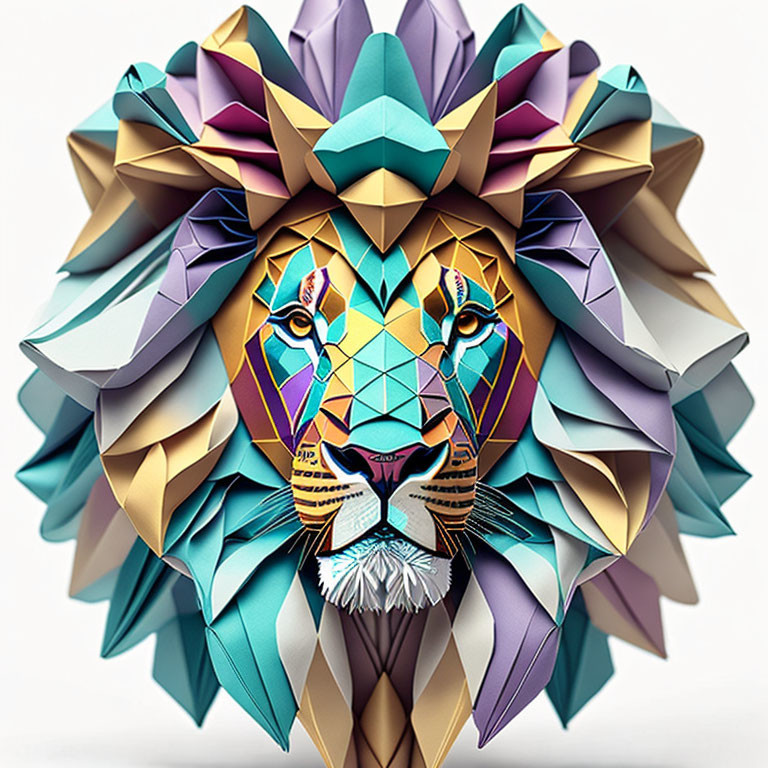 Vibrant paper origami lion head with geometric shapes