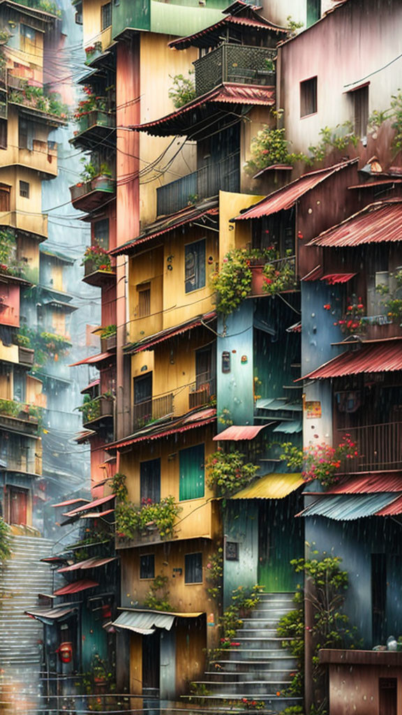 Colorful traditional houses in a narrow, rain-soaked alley