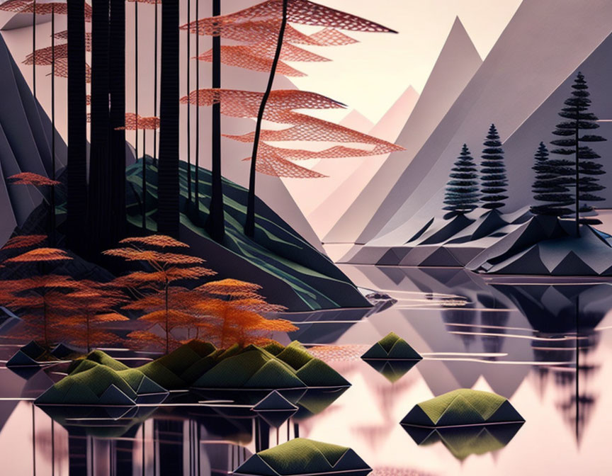 Tranquil landscape with geometric trees, reflective water, layered mountains