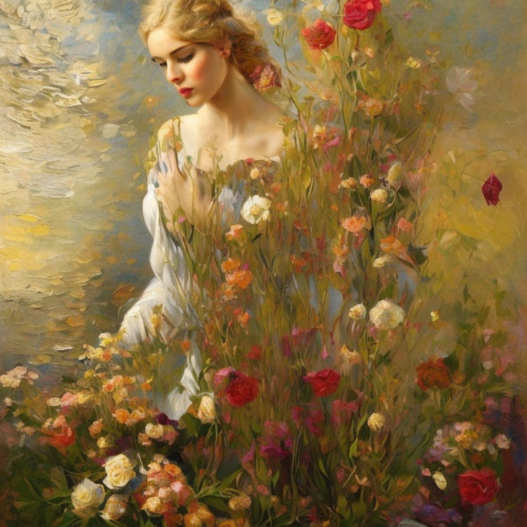 Woman in white dress surrounded by blooming garden flowers