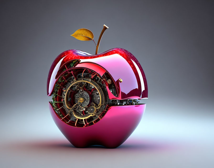 Red apple with clockwork gears revealed on neutral background