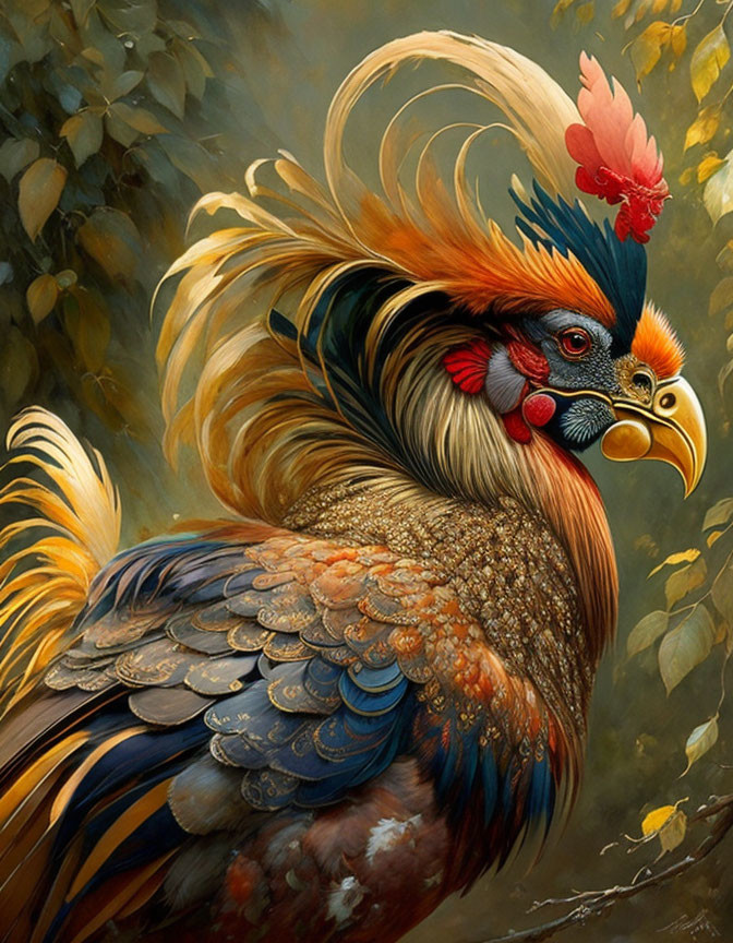 Colorful Rooster Illustration with Gold, Blue, and Orange Plumage