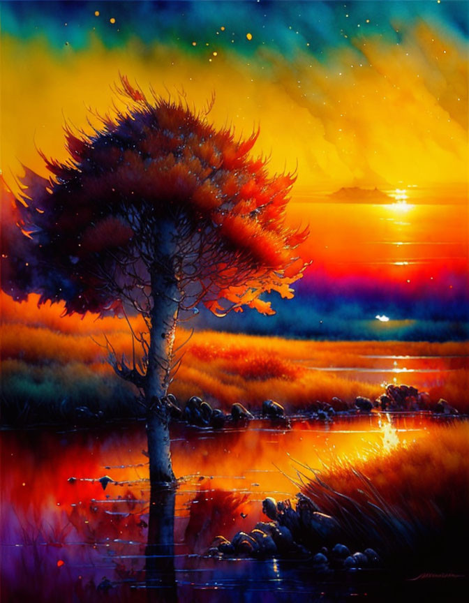 Colorful painting of lone tree in fiery sunset with stars reflected in water